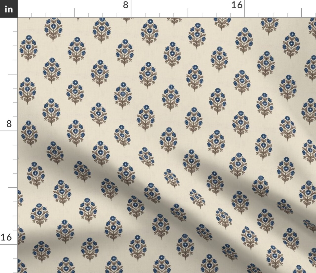 Blue Teardrop Floral Traditional Woodblock Botanical Cottage Rustic Boho Custom Printed Fabric by Spoonflower Various Fabrics by the Yard or Fat Quarter